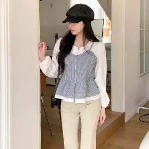 |CHH42B2|여성 체크 패턴 레이어드 뷔스티에 블라우스