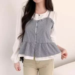 |CHH42B2|여성 체크 패턴 페플럼 뷔스티에 레이어드 블라우스
