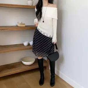 |KHK1982|여성용 시스루 체크 미디 스커트 간절기용