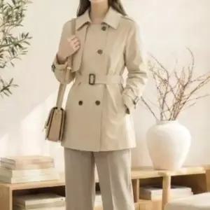 KDJ6D4F여성 숏 트렌치코트 벨트포함 더블버튼 카라 디자인 봄가을 데일리룩