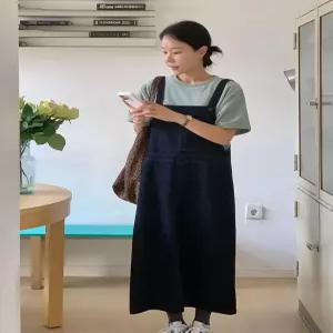 우드버튼 진청 데님 포켓 멜빵 원피스 (one color)