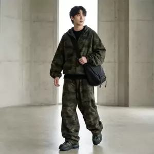 ACC 2002-2003M 남자 아웃도어 밀리터리 카모 전술 후드 집업 와이드 팬츠 상하의세트