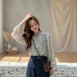 [하프클럽/다잇템]여성 시폰 블라우스 꽃무늬 롱슬리브 루즈핏