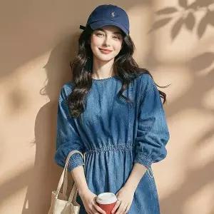 [휴드]펌핑 퍼프 스트랩 데님 원피스_P418236046