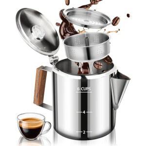 벨리 모카 커피 메이커 퍼콜레이터 304 스테인리스 스틸 냄비 스토브탑 쉬운 양조 6컵 33.8온스 1000ml 실버 클래식 디자인 내열 홈 캠핑 아웃도어