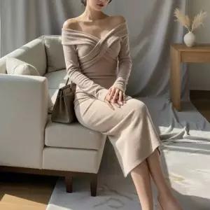 [옷자락]여성 꼬임 디테일 오프숄더 니트 롱 원피스