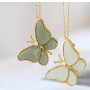 천연옥 실버 금박 2 in 1나비 목걸이 팬던트 브로치 패션 탄생석 원석 선물