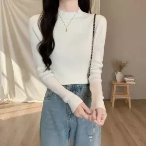 [다잇템] 여성 롱슬리브 출근룩 코디 하프넥 클래식 골지 니트티_24581714_588872