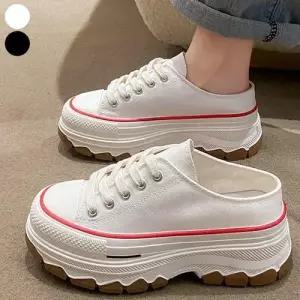 여성 통굽 키높이 캔버스 뮬 스니커즈 뒤 뚫린 운동화 WE907D7