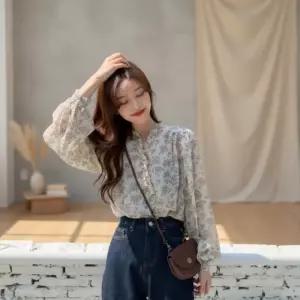 [다잇템] 여성 롱슬리브 꽃무늬 블라우스 시폰 루즈핏