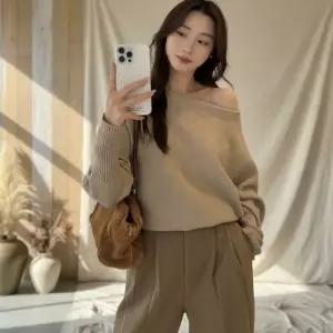 여성 루즈핏 크롭 니트 오프숄더 긴팔 상의