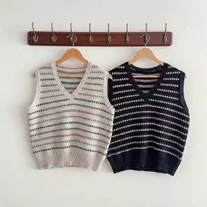 [신상오픈런]|KSJ6D8E|여성 쟈가드 배색 스트라이프 브이넥 봄 니트 조끼