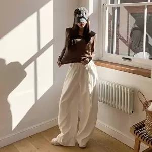 [신상오픈런]|CHP94C6|여성용 면혼합 루즈핏 스트랩 절개 디자인 와이드 바지