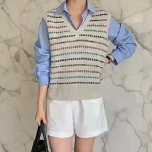 [신상오픈런]|KSJ6D8E|여성 배색 스트라이프 브이넥 니트 조끼 봄 스타일