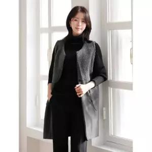 드리다 여성 겨울 양털 배색 빅사이즈 롱 베스트 조끼 40-50대 미시 엄마옷 캐주얼 모임