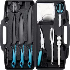 크닌 아웃도어 생선 필레 나이프 세트 곡면 플렉스 7인치 9인치 미끄럼 방지 손잡이 낚시 땋은 줄 가위