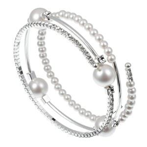 유오메즈 진주 스트레치 팔찌, 3겹 스태커블 라인스톤 손목 밴드, 여성용 엘라스틱 인조 웨딩, 데일리웨어(실버)