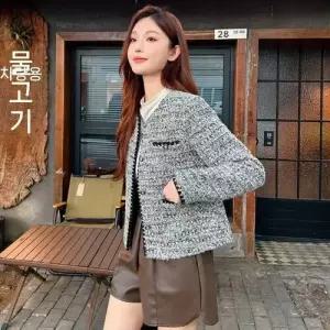 회색 프렌치 여성코트 라운드 트위드 쇼트 코트 톱 1PICK1
