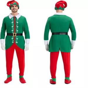남성용 GSMFS 6PCS 엘프 코스튬 크리스마스 코트 글러브 모자 발 커버 팬츠 벨트 디럭스 산타 수트 성인