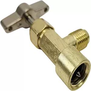 R134a는 차량 A/C 충전용 밸브를 탭할 수 있으며 1/4인치 플레어 포트가 있는 셀프 피어싱 병따개 어댑터