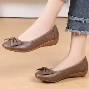 여성 소프트 펌프스 사계절화 단화 스몰 웨지 리얼 봄가을 리본 가죽 로우 라운드 MODU1