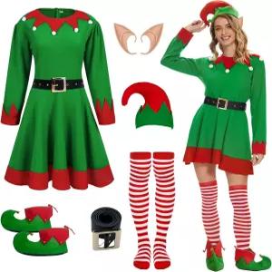 Gumyawl 6Pcs 여성 크리스마스 엘프 의상 성인 산타 도우미 드레스 액세서리 팬시 파티용