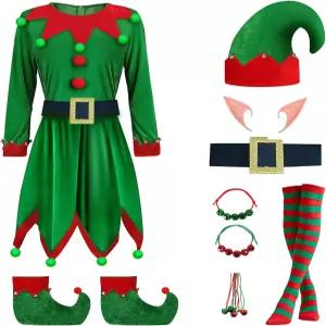 MYUTHDT 8개 크리스마스 엘프 의상 산타 도우미 세트 신발 모자 벨트 귀 양말 팔찌 목걸이.