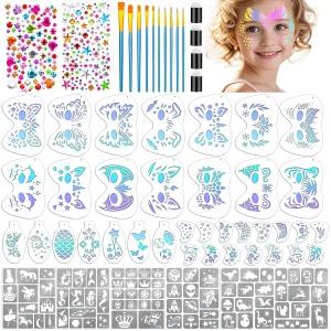 58PCS 페이스 페인팅 스텐실 키트에는 재사용 가능한 36개 타투 템플릿 스티커 6장 브러시 10개 접착 보석