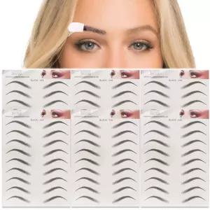 6D 눈썹 타투 스티커 6장 리얼한 스틱온 스텐실 모양 방수 전사 데칼 빠른 메이크업 도구 (1 블랙)