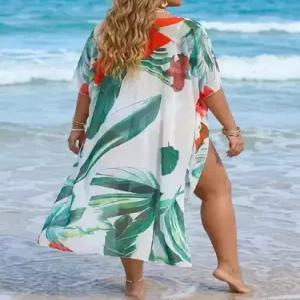 여성 롱 망사 바캉스 블라우스 식물 가디건 빅사이즈 프린트 로맨틱 보헤미안 비치 DUCHI1