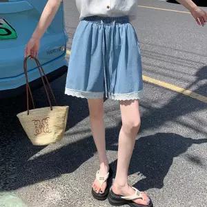 여성용 팬츠 캐주얼 붐 하이웨스트 청바지 반바지 와이드 일자 레이스 청반바지 5부 원픽1