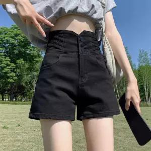 여자 데님 검정 와이드 스판 핫팬츠 오버사이즈 청반바지 아우터 춘추 A라인 반바지 빅사이즈 원픽3