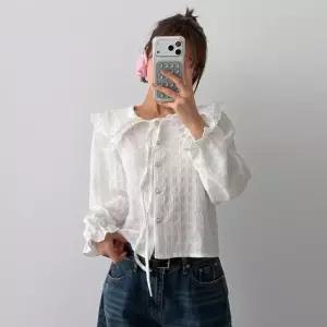 여성 봄 여름 레이스 프릴 카라 블라우스 BL0055S
