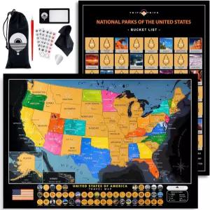 TRIPA TRIPS 미국 지도와 국립공원 63곳 모두 긁기 포스터 - 50곳의 랜드마크 및 깃발 쉽게 24x17 대형