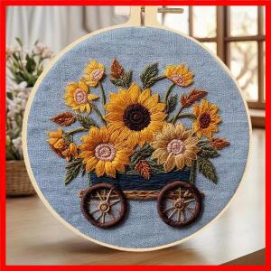 1개 해바라기 십자수 키트 꽃무늬 여름 DIY 세트 꽃 바느질 바늘과 후프 포함 거실 벽 장식