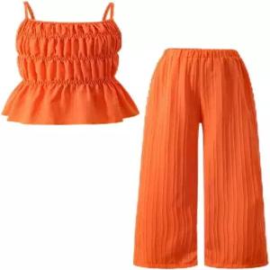 Yoxindax Tween 소녀 2피스 옷 주름 텍스처 셔레드 엘라스틱 카미솔 탑 루즈 와이드 레그 팬츠 여름 의상