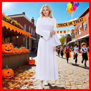 레아 코스프레 의상 공주 화이트 로브 드레스 여성 변장 의류 할로윈 카니발 슈트 성인용