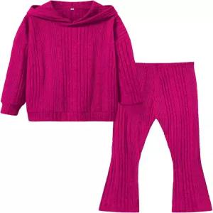 렉기 키드 여아 가을 긴팔 후드 스웨트셔츠 플레어 팬츠 세트 캐주얼 2피스 벨 하의 의상 운동복