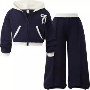 Yoxindax 소녀용 2피스 옷 보우 프린트 집업 후디 대비 컬러 와이드 레그 팬츠 겨울 7-14Y 의상 세트