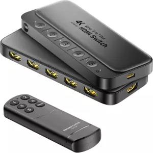 바이트웨이브 HDMI 스위치 5 in 1 리모컨 포함 - 4K@60Hz HDCP2.3 HDR 3D 돌비 지원 멀티 포트 셀렉터 박스