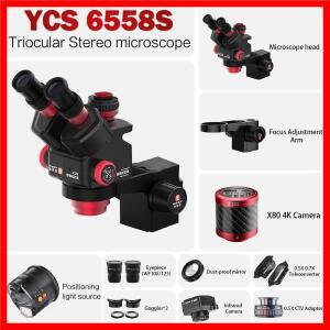 YCS 6558S 삼안 현미경 줌 울트라 HD 4K 카메라 (휴대폰 PCB 용접 드래곤 암 LED 도구 세트 포함)