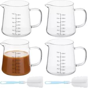 청소 스펀지 2개 포함 12온스 에스프레소 계량컵 4팩 내열 유리 커피 피처 샷 글라스 우유 거품 크리머