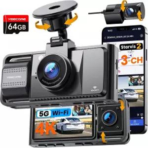 리얼 4K 3채널 대시캠 전면 및 후면 인사이드 STARVIS 2 HDR 센서 5.8GHz Wi-Fi GPS G-센서 4K+1080P+1080P