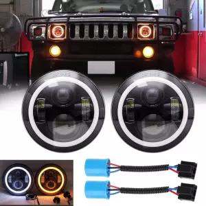 Hummer H1 H2 AM General Pair 7인치 헤드라이트 헤일로 엔젤 아이 화이트 DRL 및 앰버 턴 라이트 9007
