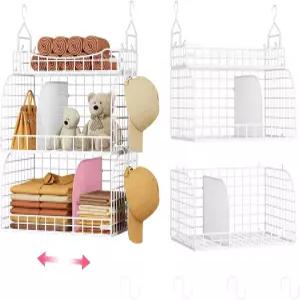 SWTYMIKI 행잉 옷장 정리함 보관 - 칸막이와 S 훅이 있는 3단 금속 적층형 선반 옷 바지 신발 코트 모자