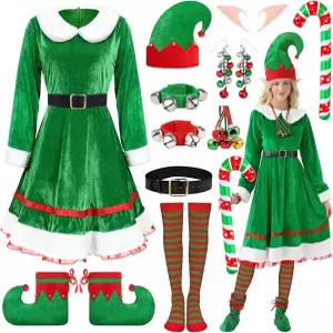 여성 크리스마스를 위한 빌베코저 크리스마스 엘프 의상 그린 벨벳 드레스 산타 도우미 귀여운 액세서리