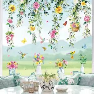 Whaline 8매 봄 매달린 꽃무늬 창문 부착 스티커 유칼립투스 플라워 바인 데칼 수채화 재사용 가능한 파티