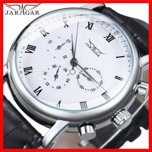 JARAGAR 스포츠 기계식 시계 다기능 소형 다이얼 가죽 스트랩 비즈니스 패션 자동 남성 탑 브랜드 선물