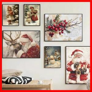 빈티지 크리스마스 포스터 인쇄 거실 겨울 산타 클로스 장식 메리 트리 캔버스 회화 벽 예술