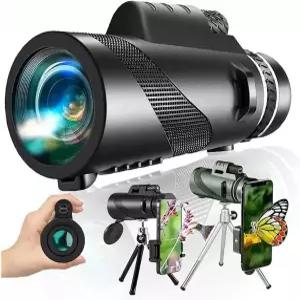 성인 및 어린이용 고전력 단안 망원경 80x100 조류 관찰 하이킹 콘서트 투어용 휴대폰 클립 스탠드(블랙)